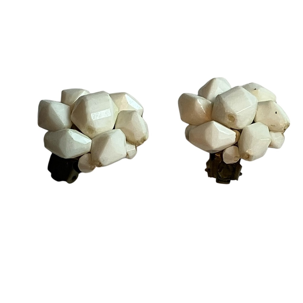 Vintage Western Germany White Faceted Cluster Clip On Earrings Mid Century